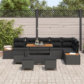 Conjunto de Sofá de Jardim vidaXL com Almofadas Rattan Preto de 10 Peç