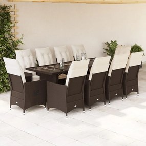 vidaXL 11 pcs conj. de bistrô p/ jardim c/ almofadões vime PE castanho