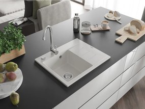 Mexen Ben lava-loiça de granito de 1 cuba com escorredor, esquerdo 600 x 500 mm, branco, sifão cromado - 6522605000-20