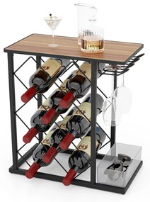 Garrafeira de bancada Suporte para vinhos em madeira com estrutura metálica para 8 garrafas e 3 copos 39 x 21 x 42 cm Castanho