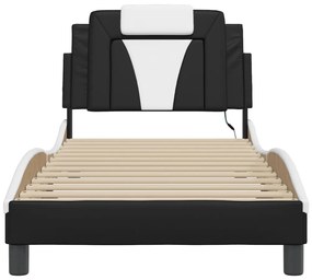 Estrutura cama c/ luzes LED 90x190 cm couro artif. preto/branco
