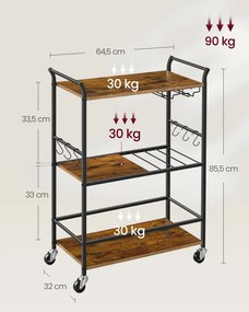 Carrinho de serviço com prateleira para vinhos e suporte para copos, aço, 64,5 x 32 x 85,5 cm Castanho rústico - Preto 