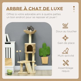 Arranhador  para gatos com 116 cm de altura, com casinha, cesto, plataformas, pompons de pelúcia e jacintos de água - bege