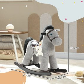 Cavalo de baloiço para crianças, brinquedo de baloiço para bebés em peluche com efeitos sonoros e boneca, 71 x 26 x 55 cm, cinzento