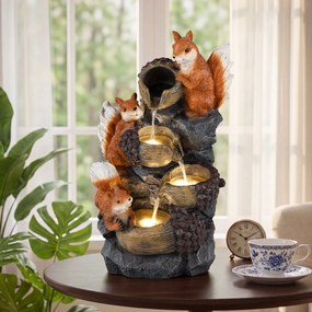 Fonte de Água Decorativa com Esquilos e Avelãs, 34 x 25 x 59 cm, Iluminação LED, Laranja+Cinza