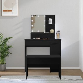 vidaXL Conjunto de toucador com luzes LED derivados de madeira preto