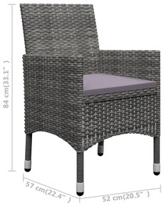 3 pcs conjunto de bistrô vime PE e madeira de acácia cinzento