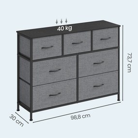 Cómoda, armário, 7 gavetas forradas a tecido 30 x 98,8 x 73,7 cm (P x L x A) cinzento