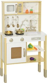 AIYAPLAY Cozinha de Brincar em Madeira com Som Acessórios em Aço Inoxidável Micro-Ondas Forno Lava-Loiças Legumes para Cortar 55x24x96 cm Dourado | Aosom Portugal