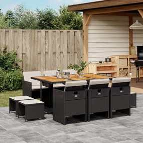 11 pcs conjunto de jantar p/ jardim c/ almofadões vime PE preto