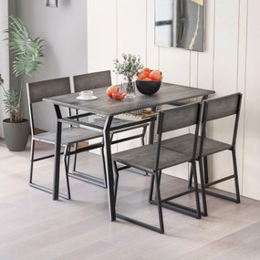 Conjunto de móveis de cozinha de 5 peças com mesa de jantar retangular industrial 4 cadeiras Estante para arrumação e estrutura metálica Cinzento