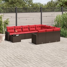 vidaXL 11 pcs conjunto sofás de jardim c/ almofadões vime PE castanho