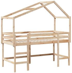 Cama alta c/ escada e telhado 80x200 cm pinho maciço