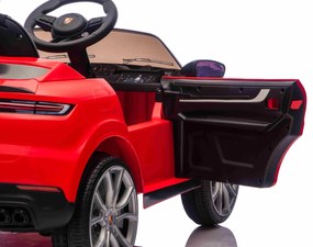 Carro elétrico para crianças Porsche Cayenne 12V com tração traseira – Licença oficial, bateria de lítio, comando remoto 2,4 GHz, leitor MP3, luzes LE