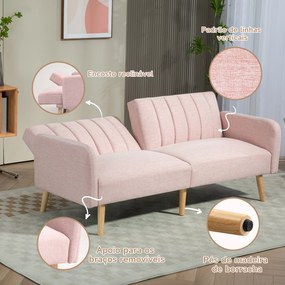 Sofá Cama de 2 Lugares com Encosto Ajustável em 3 Posições Apoio para os Braços e Pés de Madeira 173x75x73 cm Rosa