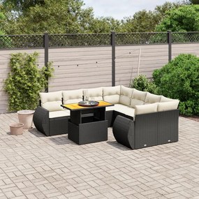 9 pcs conjunto de sofás p/ jardim c/ almofadões vime PE preto