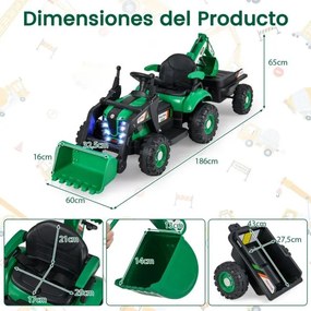 Trator elétrico 4 em 1 para crianças 12V com controle remoto, pá, reboque removível e luzes LED para crianças de 3 a 8 anos, 185 x 58 x 65 cm Verde