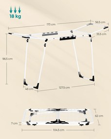 Estendal para roupa com suporte para meias em metal  56,5 x 173 x 96,5 cm Branco