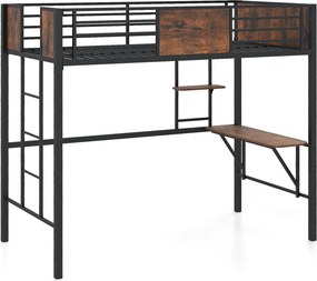 Cama infantil Alta com Secretária, 208 x 94 x 174 cm, Estrutura Metálica Reforçada, Castanho+Preto