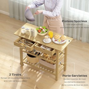 Carrinho de cozinha com rodas em bambu, com 2 gavetas e 2 prateleiras, 100 x 43 x 75 cm, madeira natural