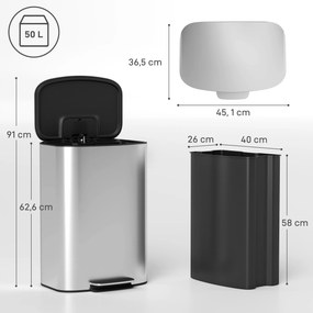 Caixote do lixo de cozinha de 50 L, com pedal, balde interior removível, tampa com fecho suave, 45,1 x 36,5 x 62,6 cm, cinzento