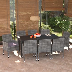 vidaXL 9 pcs conjunto jantar p/ jardim c/ almofadões vime PE cinzento