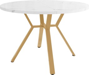 Mesa de jantar redonda moderna para 4 pessoas, com suporte metálico em forma de X, 100x100x75 cm, Branco+Ouro