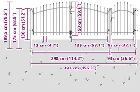 Portão de Jardim com Topo de Lança Cinza 150x400 cm em Aço
