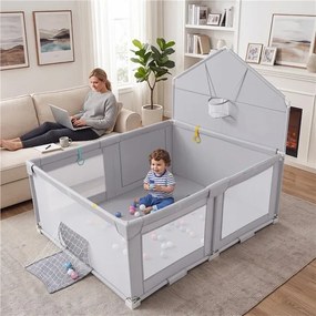 Parque Infantil Dobrável para Bebés, 223 x 150 x 163 cm, Estrutura Metálica Reforçada, Cinzento claro
