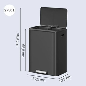 Caixote do lixo de cozinha com sistema de separação de resíduos 52,5 x 37,2 x 65,8 cm, baldes interiores e fecho suave, aço, preto