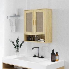 Móvel de parede para casa de banho  59 x 20 x 66,5 cm, com porta dupla e prateleira aberta, com efeito de carvalho