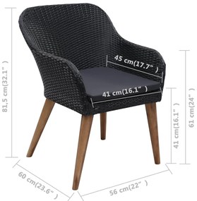 9 pcs conjunto jantar exterior com almofadões vime PE preto