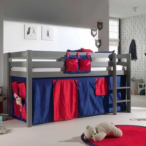 Cama alta de Criança PINO 90 x 200 cm + estrado + escada + cortina Domino Cinzenta