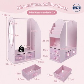 Armário Infantil com Espelho, 81 x 37 x 108 cm, Arrumação Multifuncional, Rosa