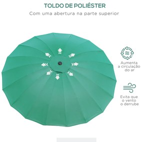 Chapéu de Sol de Jardim Ø2,5x2,4 m com Manivela Manual Mastro Flexível Impermeável e 18 Hastes para Exterior Verde