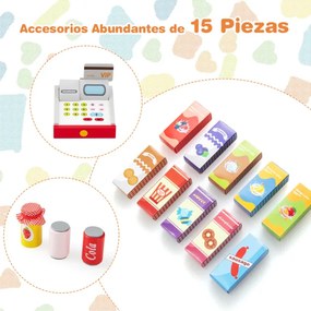 Supermercado de madeira para crianças com caixa registadora e máquina de venda automática POS para crianças dos 3 aos 8 anos de idade Branco