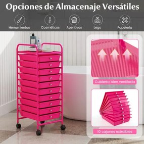 Carrinho multifuncional com rodas e 10 gavetas removíveis com estrutura metálica e gavetas empilháveis 33 x 37 x 86 cm Rosa escuro