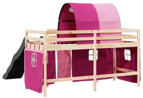 Cama alta para criança com túnel 90x190 cm pinho maciço rosa