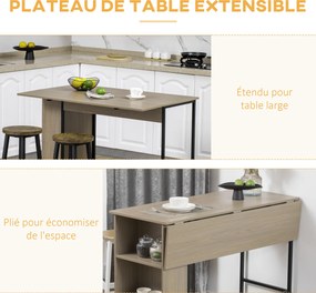 Mesa com ilha central (BANCOS NÃO INCLUIDOS), tampo lateral rebatível e 3 prateleiras, 120 x 76 x 91,4 cm, cinzento claro