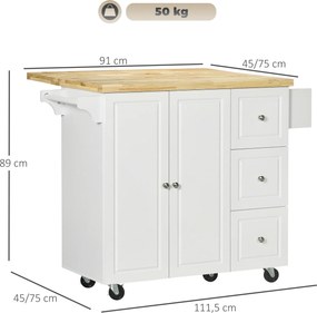 Carrinho de cozinha de apoio para ilha de cozinha com tampo rebatível, 3 gavetas, 1 armário com suporte para panos de cozinha e suporte para especiari