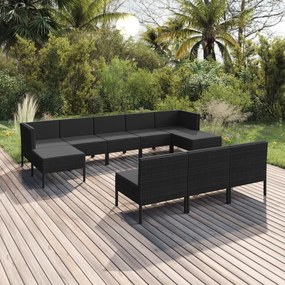 vidaXL 10 pcs conjunto lounge de jardim c/ almofadões vime PE preto