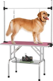 Mesa de Tosquia para Cães Dobrável Mesa de Higiene com Prateleira Metálica Superfície Antiderrapante 107x60x164 cm, Rosa