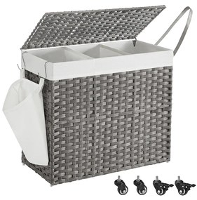 SONGMICS Cesto de roupa suja com tampa, 160 L, Cesto de roupa suja, 3 compartimentos, Separador de roupa suja com rodas, Visual de ratã, Saco de roupa suja, Removível, para lavanderia, 70 x 36 x 66 cm, Cinza LCB365G01