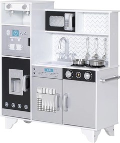 AIYAPLAY Cozinha de Madeira com Som Acessórios em Aço Inoxidável Micro-Ondas, Máquina de Gelo Cafeteira, Máquina de Lavar Loiça 79,5x24x83,8 cm Branco | Aosom Portugal