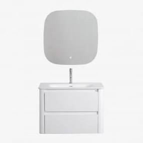Conjunto De Móvel De Casa De Banho Em Madeira Com Lavatório Integrado Egerton Branco & Quadrado Led E Anti-embaciamento 75x75 Cm - Sklum