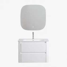 Conjunto De Móvel De Casa De Banho Suspenso Em Madeira Com Lavatório Integrado Egerton Branco & Quadrado Led E Anti-embaciamento 75x75 Cm - Sklum