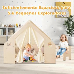 Casa de brincar 6 em 1 em madeira para crianças com quadro negro, secretária, cadeira, 6 cestos, tapete e cortinas para crianças dos 2 aos 6 anos, cor