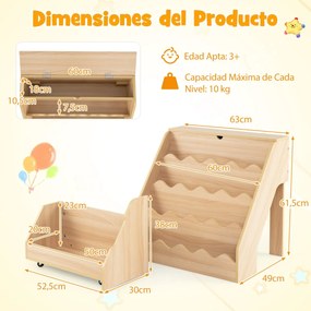 Estante de madeira para crianças 63 x 49 x 61,5 cm com 4 níveis, prateleiras abertas, gaveta com rodízios e caixa com tampa, em tom de madeira natural