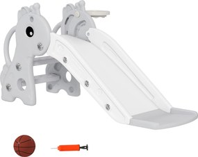 Escorrega infantil 3 em 1 em forma de girafa com cesto de basquetebol, trepa-trepa e bola, 106 x 51,5 x 52 cm, cinzento