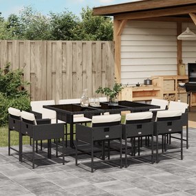 11 pcs conjunto de jantar p/ jardim c/ almofadões vime PE preto